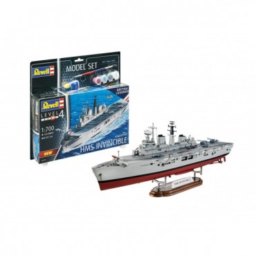 KIT PARA MONTAR REVELL MODEL SET BARCO PORTA AVIÕES BRITISH LEGENDS HMS INVINCIBLE 1/700 COMPLETO COM TINTAS COLA E PINCEL REV 65172